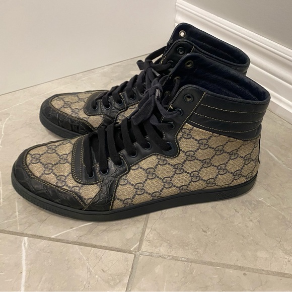 Gucci Navy Blue Monogram Croc Leather Hightop Sneakers - Picture 4 of 7